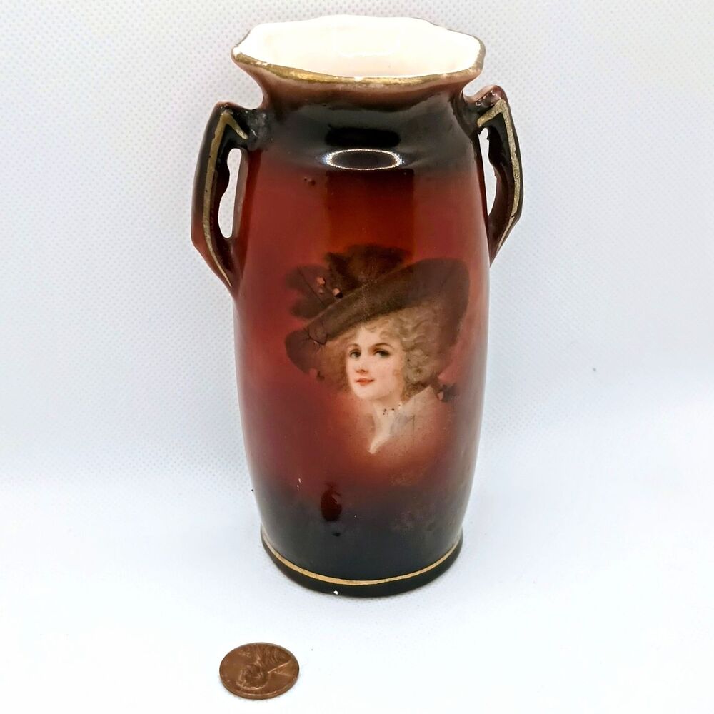Vintage Bud Vase Portrait Of Lady Czechoslovakia 5.5 Inch Ceramic Transferware